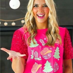 Women’s Western Pink Sequin Sleeve Graphic Christmas top